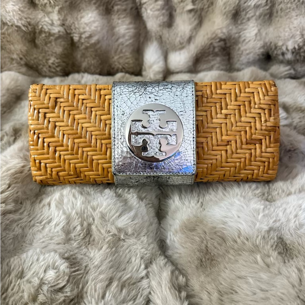 Tory Burch Woven Rattan Clutch with Silver Logo Clasp